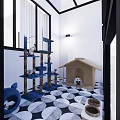 Villa Balcony With Blue Cat Trees Cats Wooden Dog House Puppy And Leaf Patterned Floor