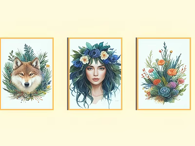 Set of Three Abstract Paintings With Wolf Female Portrait And Colorful Flowers 3d model