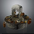 Traditional Stone Circular Pottery Workstation With Arch Top And Ceramic Pots Bowls