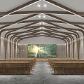 Modern Religious Worship Space With Wooden Ceiling Rows Of Benches And Natural Landscape Screen
