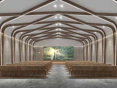 Modern Religious Worship Space With Wooden Ceiling Rows Of Benches And Natural Landscape Screen 3d model