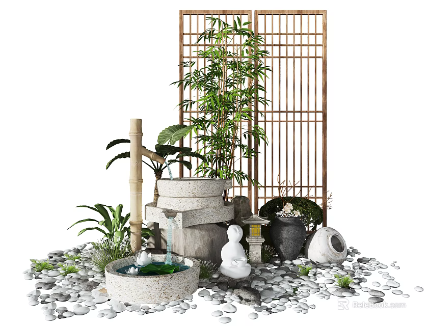 Traditional Courtyard Garden With Bamboo Screen Stone Water Fountain Pebbles And White Statue 3d model 