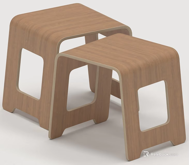 Modern Wooden Stools With Hollow Design And Light Wood Finish 3d model 