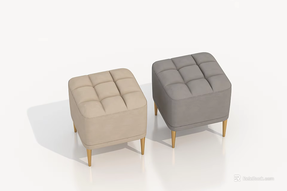 Modern Beige And Gray Tufted Ottoman With Upholstered Fabric And Golden Legs 3d model 
