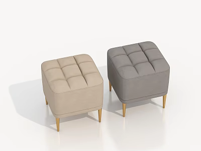 Modern Beige And Gray Tufted Ottoman With Upholstered Fabric And Golden Legs 3d model