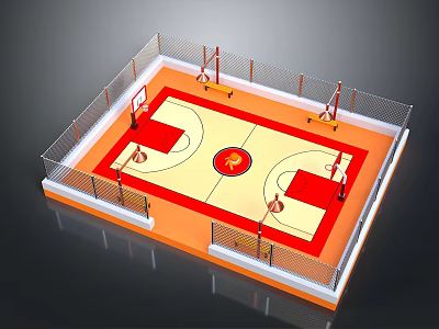 Standard Basketball Court Layout With Fence Basketball Hoops Red Painted Areas And Central Logo 3d model