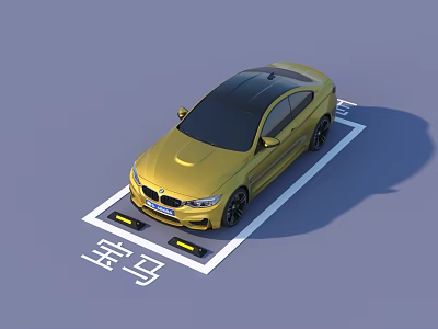 Yellow BMW Sports Car Parked in Parking Space with BMW Text 3d model