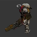 Cybernetic Character With Biological Head And Heavy Weapon In Metallic Armor