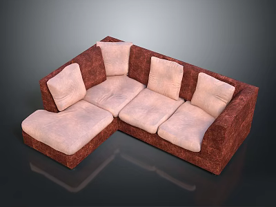 Modern Corner Sofa Furniture With Brown Frame Light Colored Cushions And Pillows 3d model