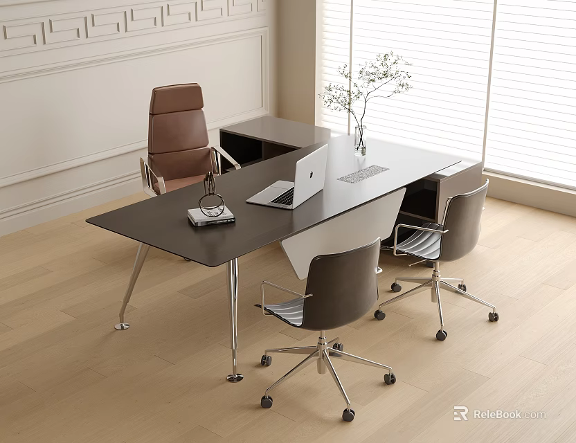 Modern Office Desk Setup With Black Top Silver Legs Laptop Vase And Ergonomic Chairs 3d model 