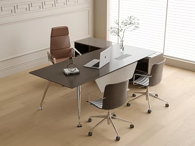 Modern Office Desk Setup With Black Top Silver Legs Laptop Vase And Ergonomic Chairs 3d model