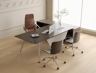Modern Office Desk Setup With Black Top Silver Legs Laptop Vase And Ergonomic Chairs 3d model