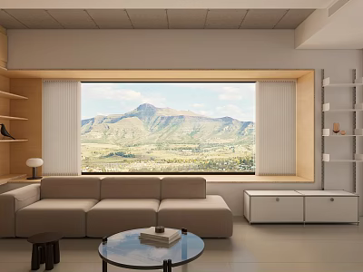 Modern Living Room Interior With Beige Sofa Round Glass Coffee Table And Mountain View 3d model