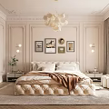 Elegant Bedroom Interior With Soft Upholstered Bed Chandelier Wall Art Side Tables And Accent Chair