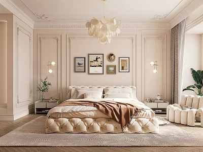 Elegant Bedroom Interior With Soft Upholstered Bed Chandelier Wall Art Side Tables And Accent Chair 3d model