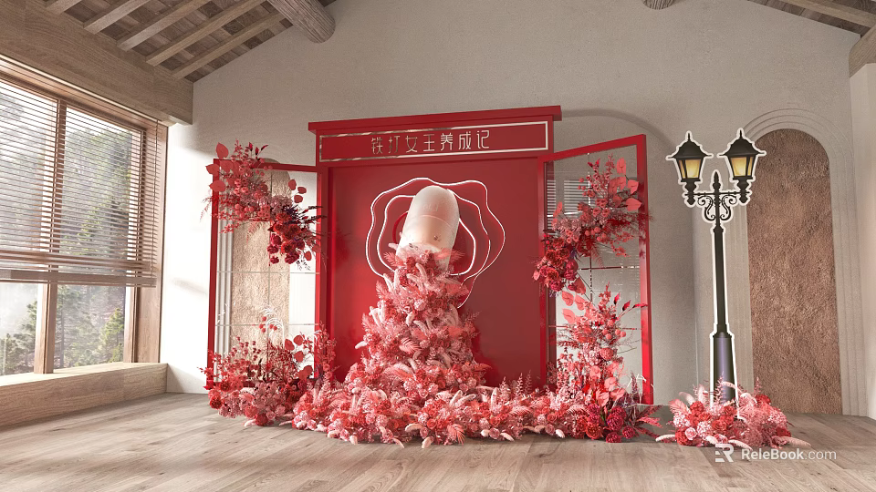 Elegant Red Floral Display With Decorative Frame And White Accent Elements 3d model 