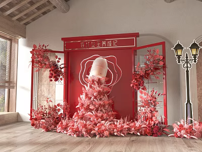 Elegant Red Floral Display With Decorative Frame And White Accent Elements 3d model