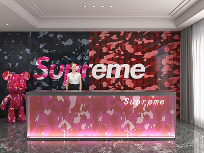 Supreme Themed Shop Front Desk with Pink Camouflage Design Red Teddy Bear and Background Wall 3d model