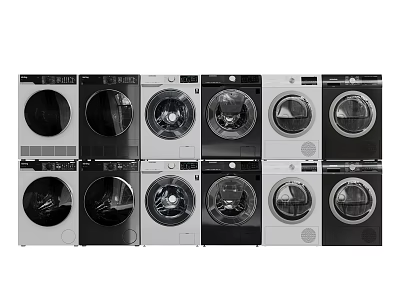 Various Front Load Washing Machines in Black and White Arranged in Two Rows 3d model
