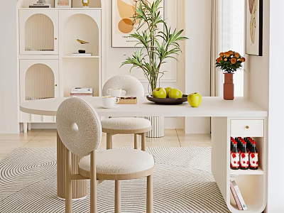 Modern Restaurant With Bright Interior White Dining Table Round Back Chairs Fruit Bowl And Green Plant 3d model