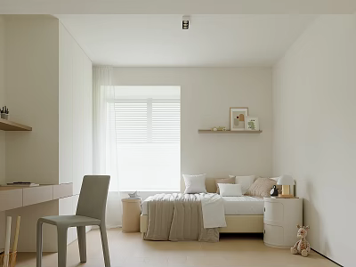 Minimalist Kids Room In Neutral Tones With Bed Desk And Chair 3d model