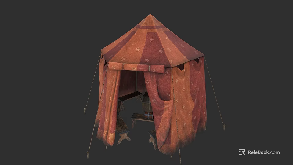 Camping Site With Red Brown Patterned Tent And Table Chairs Inside 3d model