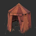 Camping Site With Red Brown Patterned Tent And Table Chairs Inside 3d model