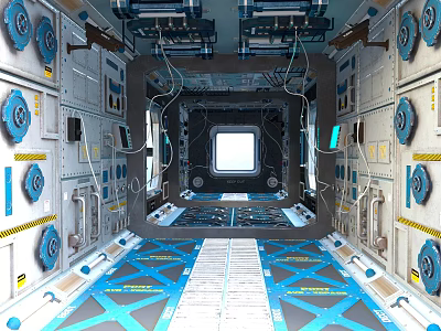Futuristic Spacecraft Interior Featuring Circular Blue Devices Control Panels Window And Flooring Pattern 3d model
