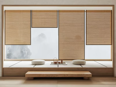 Natural Japanese Style Room with Four Window Bamboo Blinds Wooden Bench and Mountain View 3d model