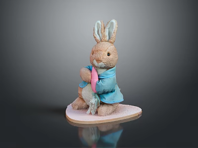 Cute Plush Rabbit Figurine Wearing Blue Coat Holding Pink Carrot On Heart Shaped Base 3d model