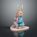 Cute Plush Rabbit Figurine Wearing Blue Coat Holding Pink Carrot On Heart Shaped Base