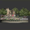 Scenic Landscape With House Trees Flowers Steps And White Fence In Circular Area
