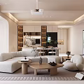 Modern Living And Dining Area With Light Sofa Coffee Table Dining Set And Bookshelves