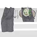 Tableware Set With Gray Napkins Silver Utensils Plate And White Flowers Green Leaves