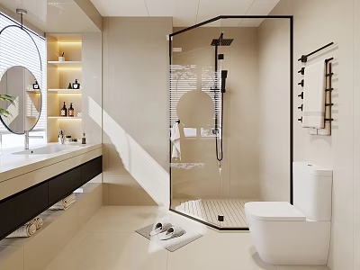 Modern Bathroom Interior With Glass Shower Enclosure Vanity Toilet Mirror And Lighting 3d model