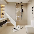 Modern Bathroom Interior With Glass Shower Enclosure Vanity Toilet Mirror And Lighting