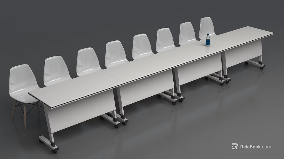 White Long Table With Multiple White Chairs And Blue Bottle On Top 3d model