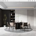 Elegant Modern Restaurant Interior With Round Dining Table Chairs Vertical Striped Wall And Decorative Bookshelf