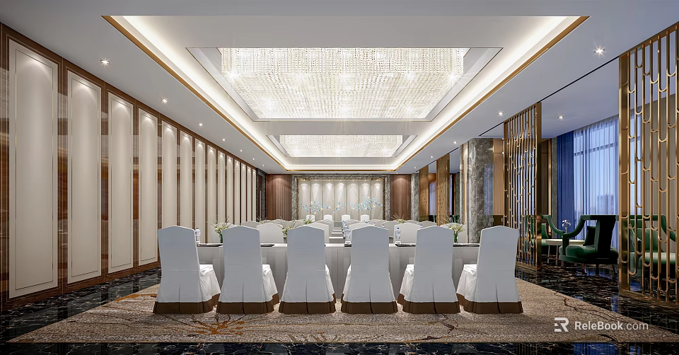 Elegant Modern Conference Room With Large Table White Chairs And Crystal Chandelier 3d model 