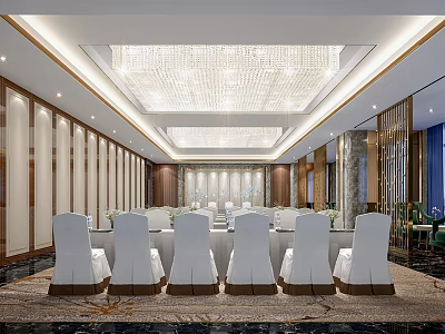 Elegant Modern Conference Room With Large Table White Chairs And Crystal Chandelier 3d model