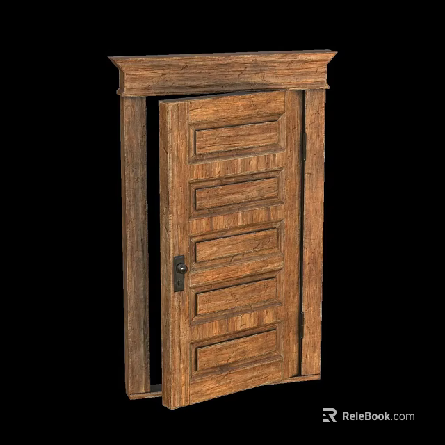 Traditional Wooden Door With Paneled Design Natural Wood Grain Open State and Classic Frame 3d model 