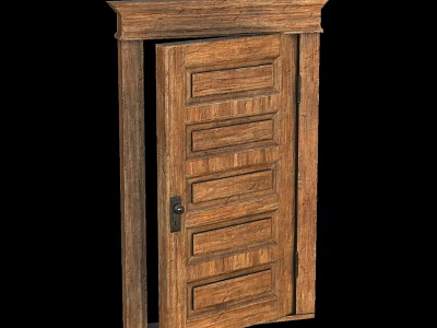 Traditional Wooden Door With Paneled Design Natural Wood Grain Open State and Classic Frame 3d model