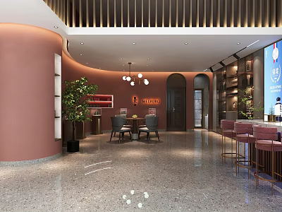 Modern Liquor And Tobacco Store Interior With Wooden Shelves Bar Counter Seating And Hanging Lights 3d model