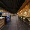 SPA Sauna Interior With Stone Walls Wooden Table Cushions And Green Plants