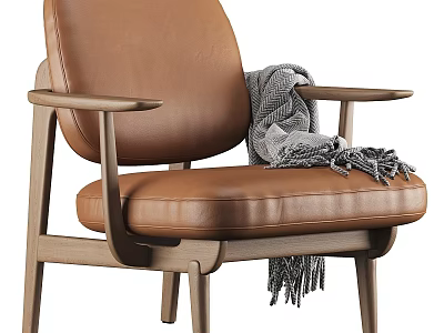 Brown Leather Armchair With Wooden Arms And Gray Throw Blanket 3d model