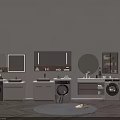 Modern Bathroom Cabinetry Design With Washing Machine Round Mirror And Storage Cabinets