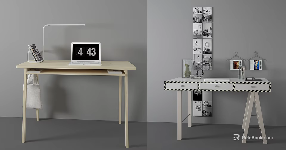 Light Wood Desk With Laptop Table Lamp And Display Shelf Photo Decorations 3d model 