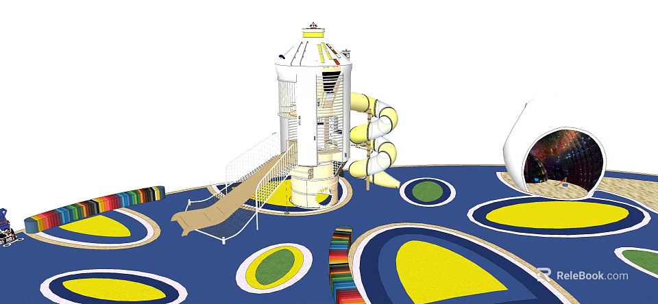 Colorful Kids Play Area With Tower Structure Multiple Slides And Circular Floor Patterns 3d model