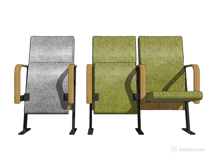 Modern Public Chairs With Gray Green Upholstery Wooden Armrests And Metal Legs 3d model 