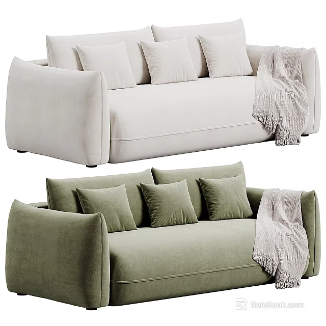 Beige And Green Two Seater Sofas With Cushions And Blanket 3d model